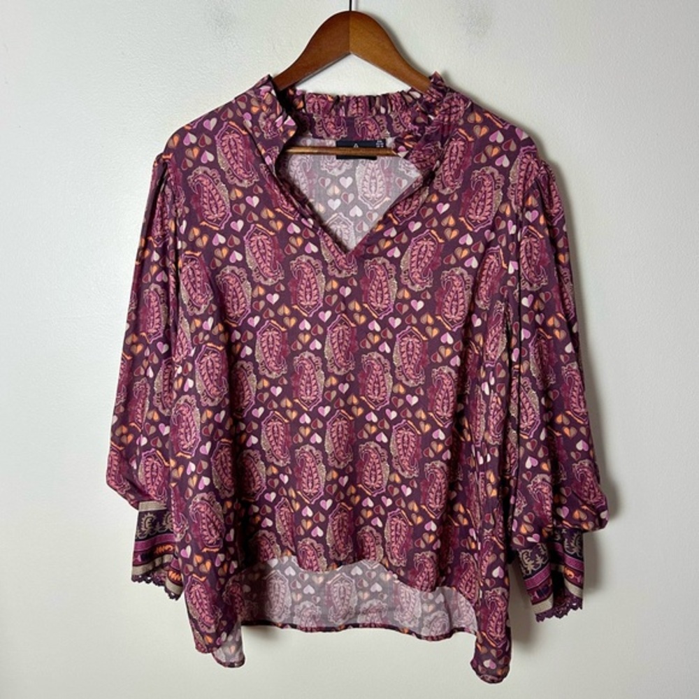 EMILY LOVELOCK Plum Paisley Heart Print Boho Prairie Whimsigoth Blouse Size 14